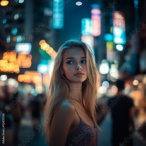 Portrait of a beautiful girl in the lights of the night city.