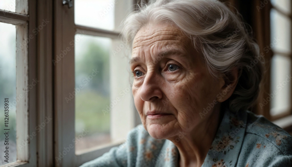 Elderly woman looking out the window in contemplation, symbolizing loneliness Elderly woman looking out the window in contemplation, symbolizing loneliness