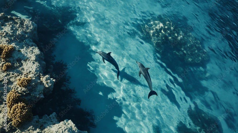 Fototapeta premium Playful Dolphins Frolicking Near Vibrant Underwater Reef in Turquoise Ocean Waters