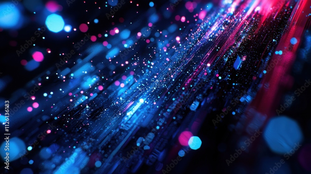 Fototapeta premium Abstract Digital Data Stream: Neon Blue and Red Particles