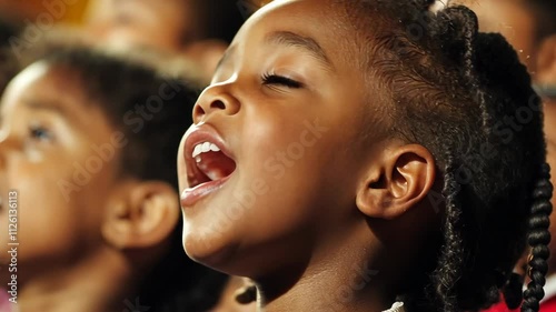 video of children singing in church choir, close up, singing, kids performing on stage, singer, girls and boys singing at school concert, african american musician