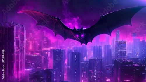 A giant, dark bat with glowing veins soars over a futuristic cit photo