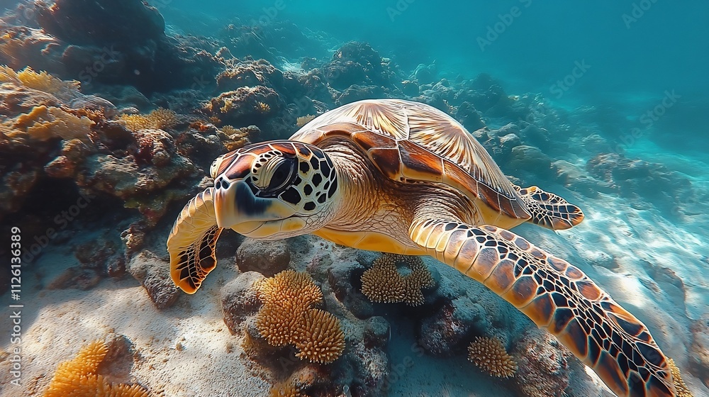 Fototapeta premium Graceful Sea Turtle Gliding Among Vibrant Coral Reef Underwater