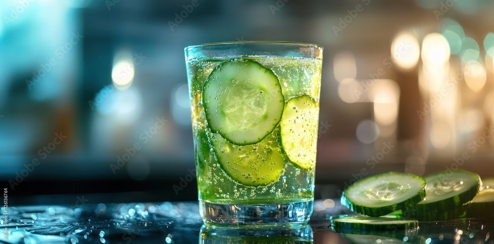A refreshing drink with cucumber slices in a glass, set on a reflective surface.