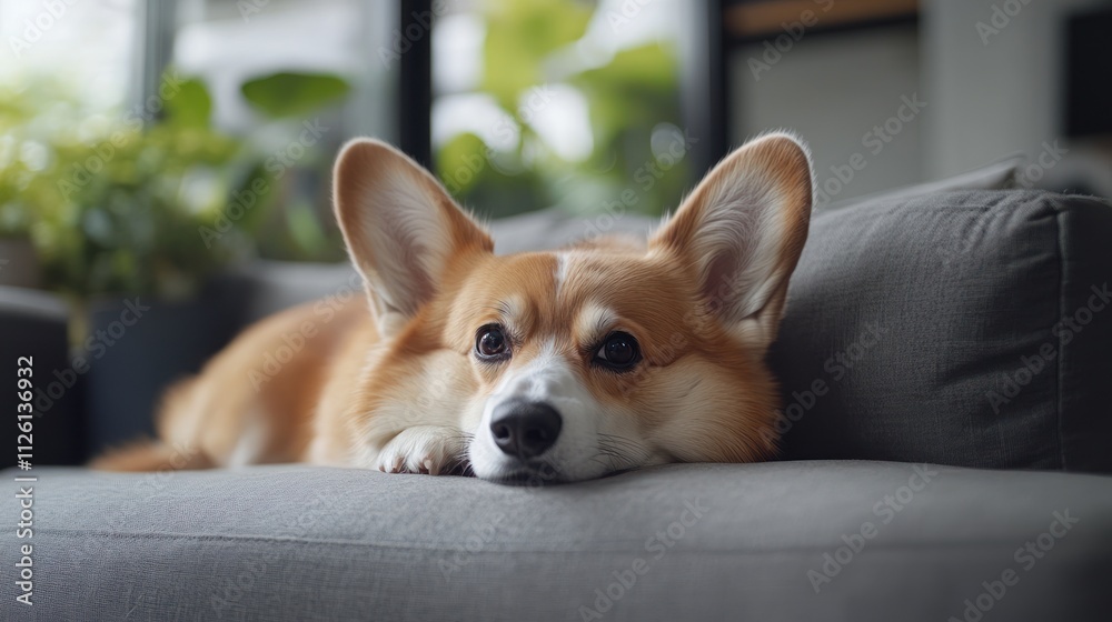 A relaxed corgi lounging on a couch in a cozy indoor setting. A relaxed corgi lounging on a couch in a cozy indoor setting.