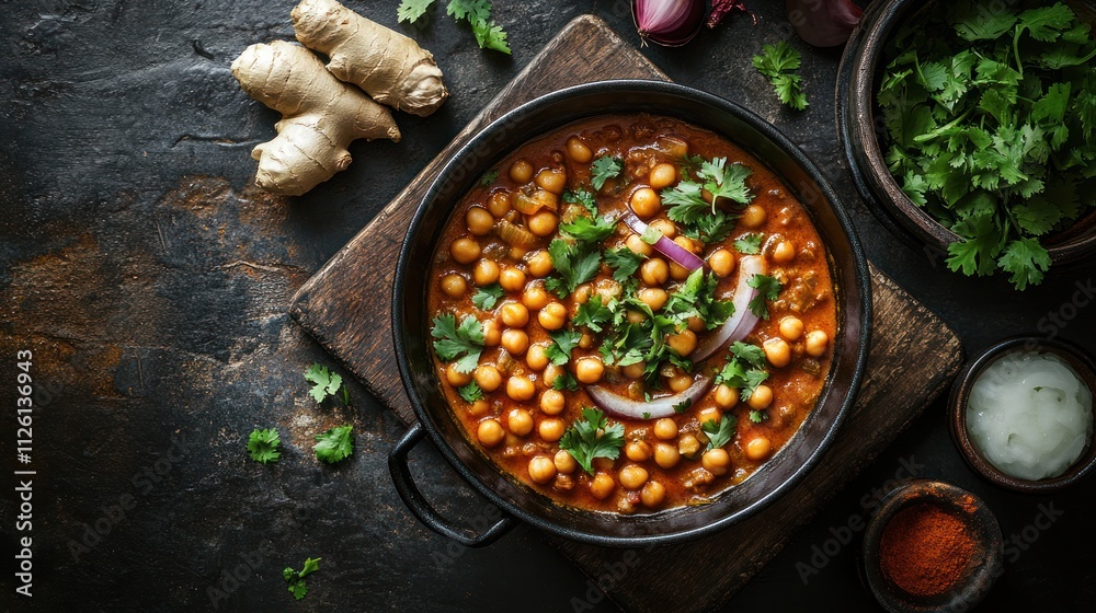 A bowl of chickpea curry garnished with cilantro and onions, served with fresh ginger. A bowl of chickpea curry garnished with cilantro and onions, served with fresh ginger.