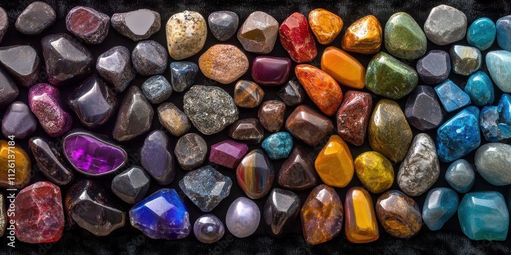 Colorful Collection of Polished Gemstones and Crystals on Black Surface Colorful Collection of Polished Gemstones and Crystals on Black Surface