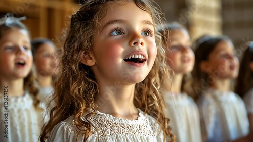 video of children singing in church choir, close up, singing, kids performing on stage, singer, girls and boys singing at school concert