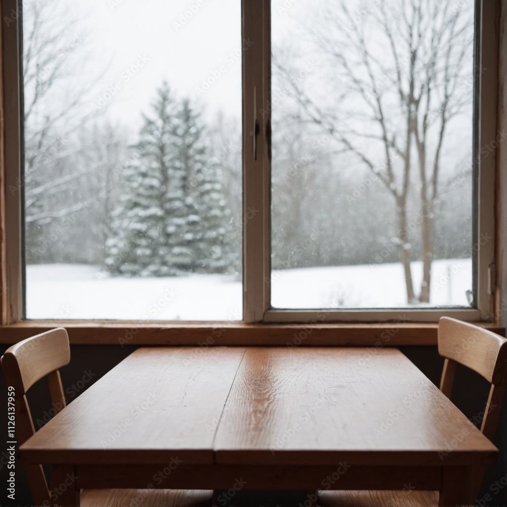 Empty table and winter window in background Empty table and winter window in background