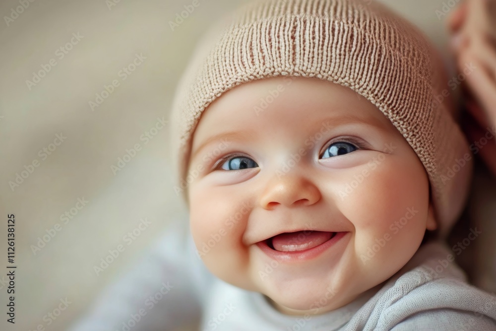 Adorable Smiling Baby in Cozy Knit Hat with Bright Eyes and Joyful Expression on Soft Background