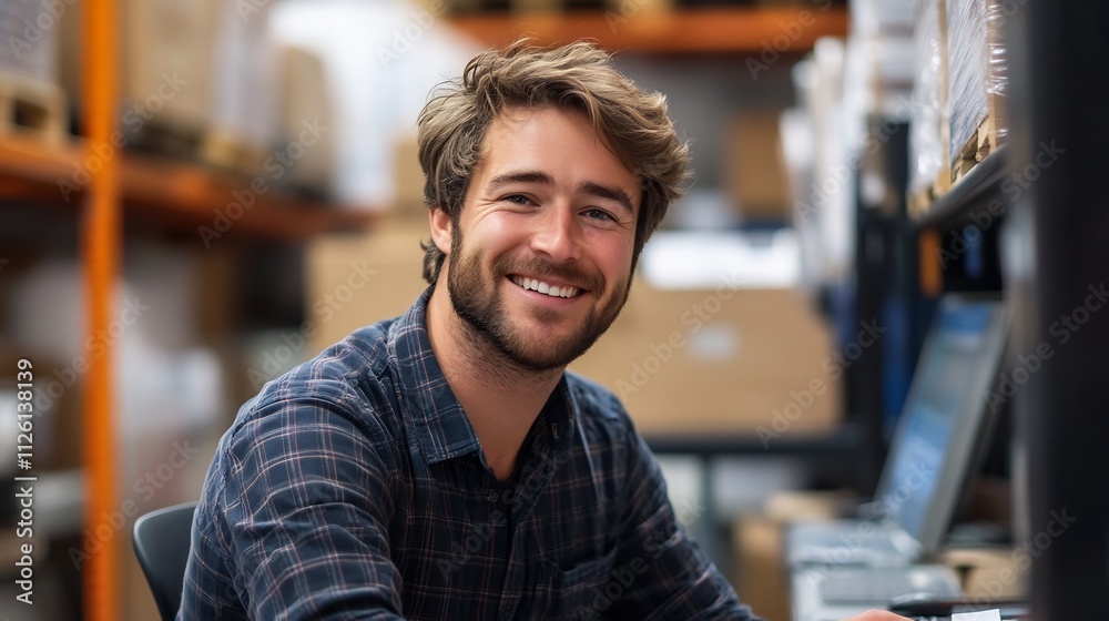 Obraz premium Smiling Warehouse Worker Sitting at Desk in Storage Facility