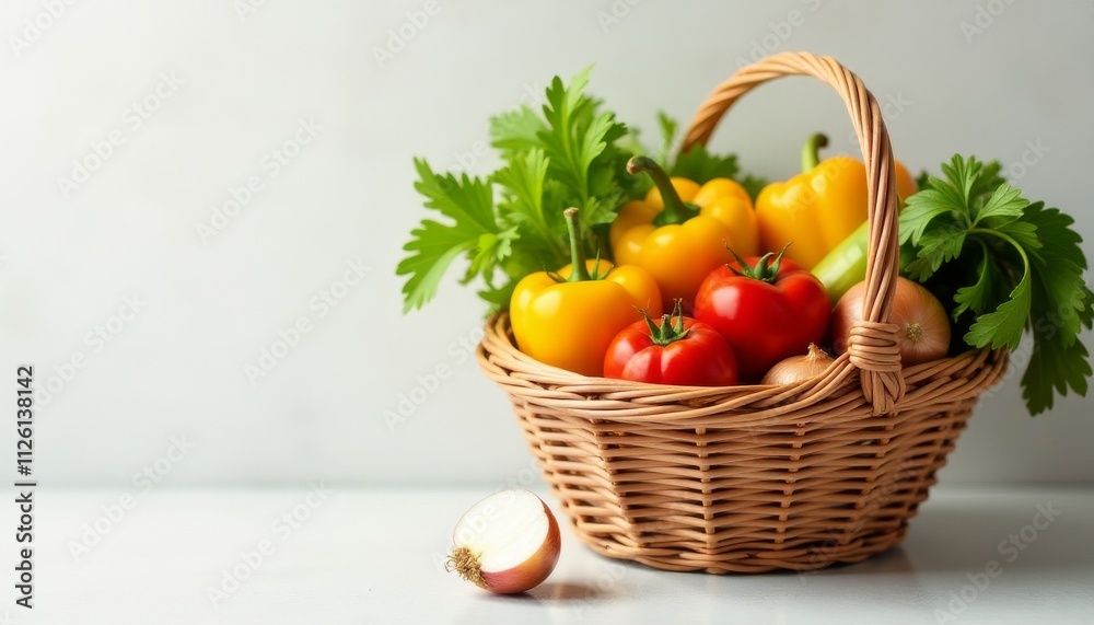 Colorful Fresh Vegetables in Basket on Neutral Surface