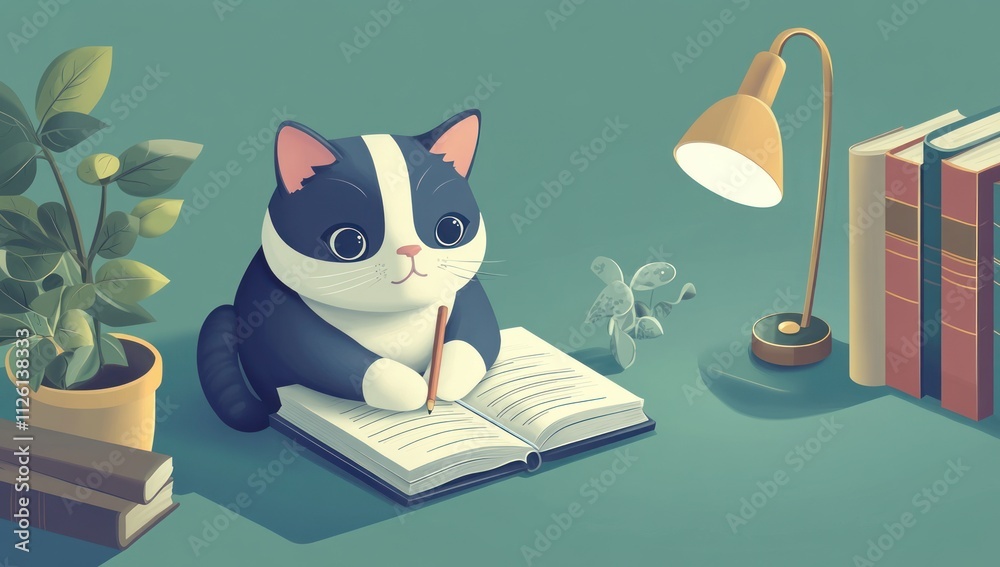 A cartoon cat sits at a desk, writing in an open book with a lamp and plants nearby. A cartoon cat sits at a desk, writing in an open book with a lamp and plants nearby.