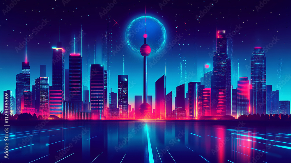 Vibrant Futuristic City Skyline at Night with shiny and glowing neon lights, abstract ultra modern light effect of cityscape featuring sleek modern architecture illuminated by vibrant neon lights. Vibrant Futuristic City Skyline at Night with shiny and glowing neon lights, abstract ultra modern light effect of cityscape featuring sleek modern architecture illuminated by vibrant neon lights.