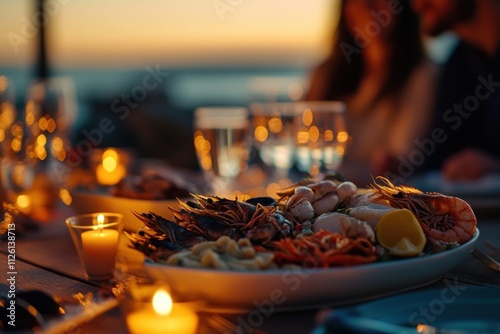 A seafood feast at sunset, with candles and drinks, creating a cozy dining atmosphere. photo