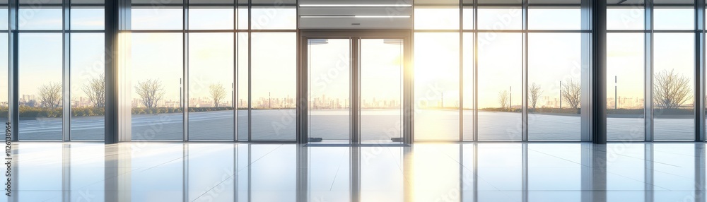 Fototapeta premium Bright and Airy Panoramic Office Lobby with Large Windows