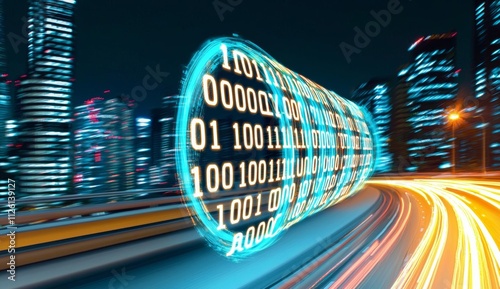 minimal photostock of a  Highway flyover with binary code numbers on motion blurred asphalt  road , speed and faster digital matrix technology information concept
