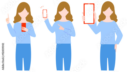 Clip art set of woman using smartphone.