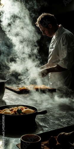 A chef is cooking food in a kitchen with steam coming out of the stove photo