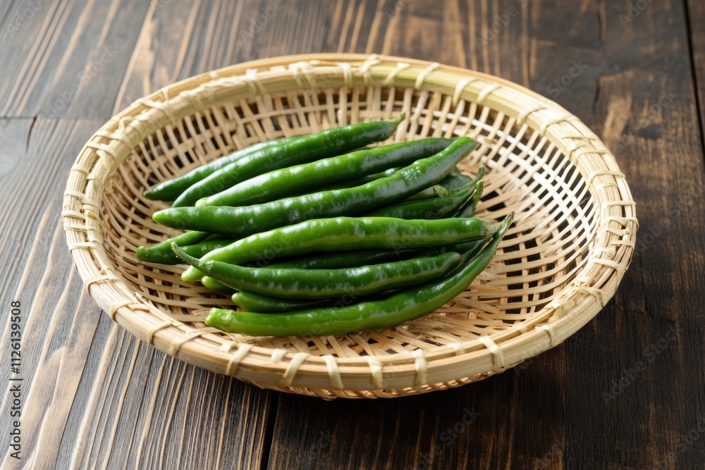 A woven basket containing fresh green chili peppers on a wooden surface. A woven basket containing fresh green chili peppers on a wooden surface.