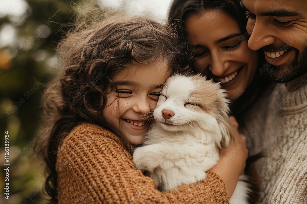 Happy Family Moment with Smiling Child and Fluffy Dog in Warm Embrace Outdoors Happy Family Moment with Smiling Child and Fluffy Dog in Warm Embrace Outdoors