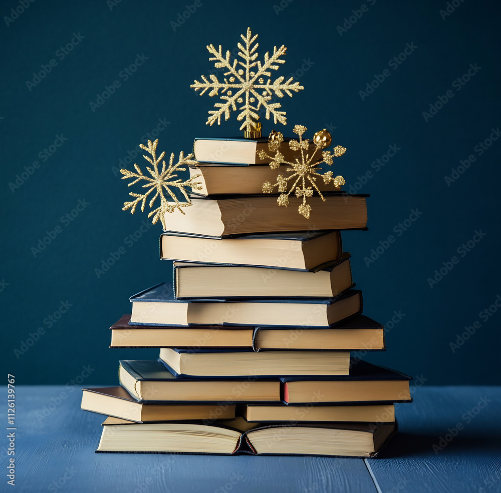 Stacked Books Forming a Christmas Tree with Glimmering Snowflake Ornaments on a Navy Blue Background Stacked Books Forming a Christmas Tree with Glimmering Snowflake Ornaments on a Navy Blue Background