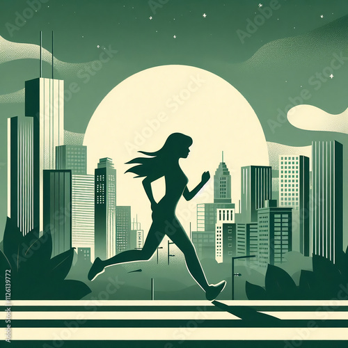 도심속에서 런닝하는 여자 초록색 톤의 일러스트a green-toned illustration of a woman running in the city center,Generative AI photo