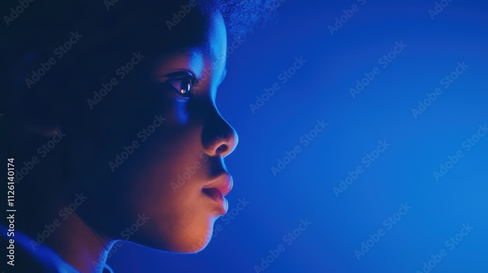 Profile of a child illuminated by soft blue light, capturing a moment of contemplation. Profile of a child illuminated by soft blue light, capturing a moment of contemplation.