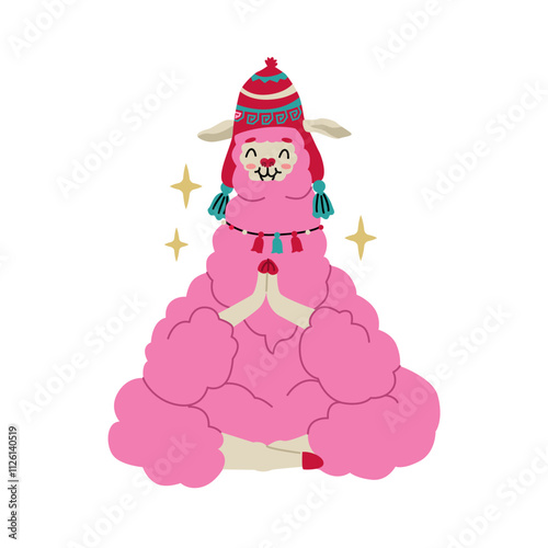 Pink cheerful llama decorated with traditional South American decorative elements meditates in lotus position. Cute characters for children's t-shirts and posters. Vector illustration