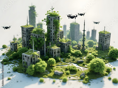 Urban jungle reveals nature reclaiming a futuristic city with drones flying overhead