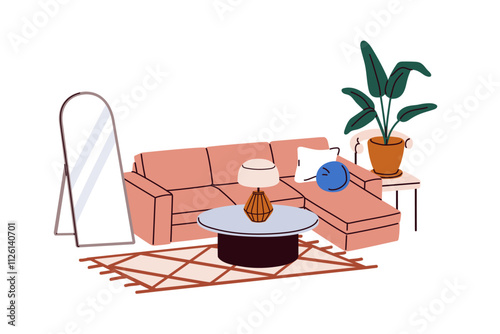 Living room interior design with corner sofa, cushions and coffee table. Modern cozy home, comfortable couch, plant, rug, lamp and floor mirror. Flat vector illustration isolated on white background