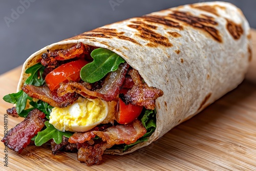 A deliciously wrapped breakfast burrito filled with crispy bacon, fresh greens, and tomatoes, showcasing a toasted tortilla. photo