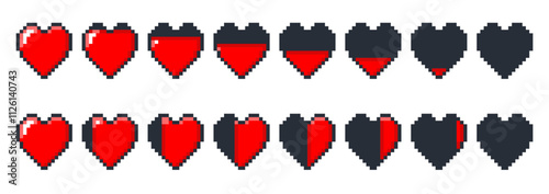 Pixel heart. Game health bar. Hero vitality indicator. Body resources gradual depletion. Decreasing level. UI symbol. Full or half love. Arcade asset. 8 bit graphics icons vector set