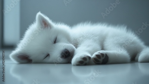 A sleeping white puppy resting peacefully on a smooth surface.