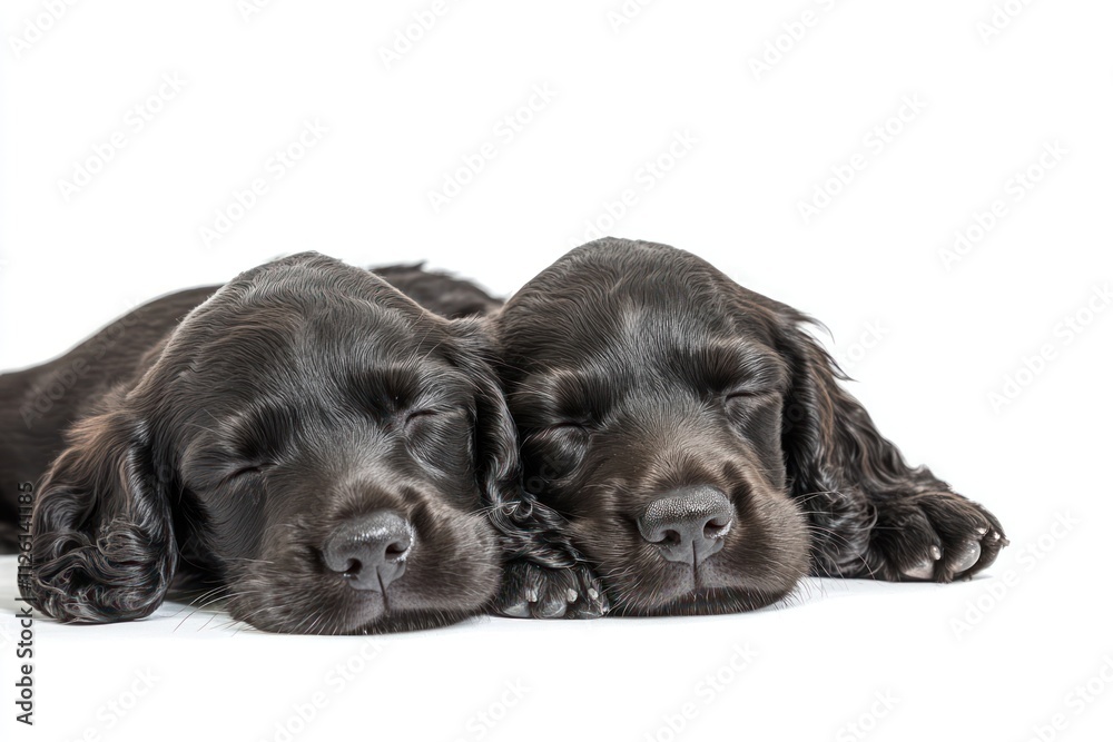 Two sleeping black puppies resting side by side on a white background. Two sleeping black puppies resting side by side on a white background.