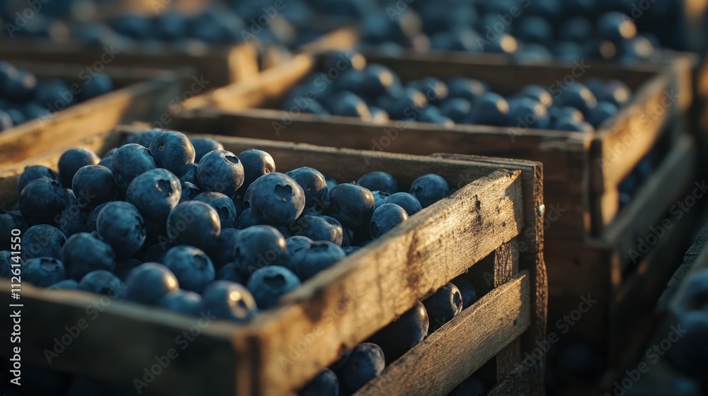Fresh blueberries in wooden crates, showcasing harvest and agricultural abundance. Fresh blueberries in wooden crates, showcasing harvest and agricultural abundance.
