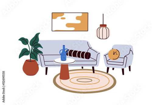 Modern living room interior with sofa, armchair and coffee table. Stylish home design with trendy furniture and decorations, couch and plant. Flat vector illustration isolated on white background