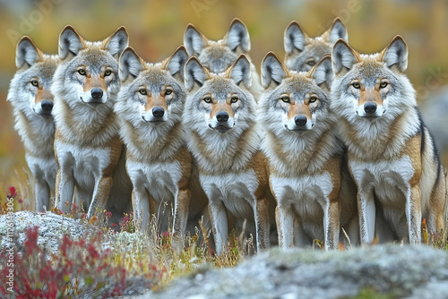 A pack of grey wolves standing together in a natural autumnal habitat.