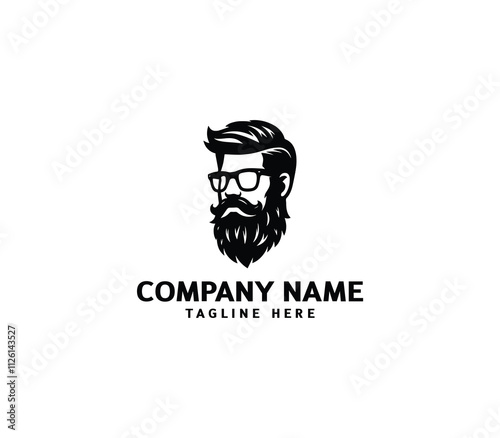 Vector bearded men face. Masculine beard and hair with glasses logo. Hipster man face logo design