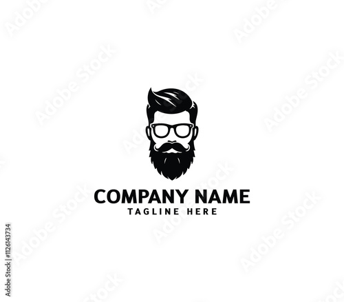 Vector bearded men face. Masculine beard and hair with glasses logo. Hipster man face logo design