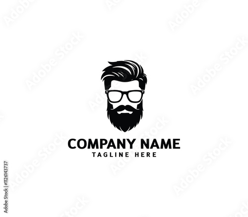 Vector bearded men face. Masculine beard and hair with glasses logo. Hipster man face logo design