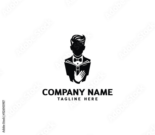 Gentleman in Tuxedo Reading Book Logo. Elegant Minimalist Tuxedo Man Read Book. Vector Illustration