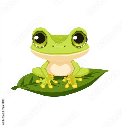 A cute cartoon frog sitting on a green leaf, characterized by large eyes and a cheerful expression. photo