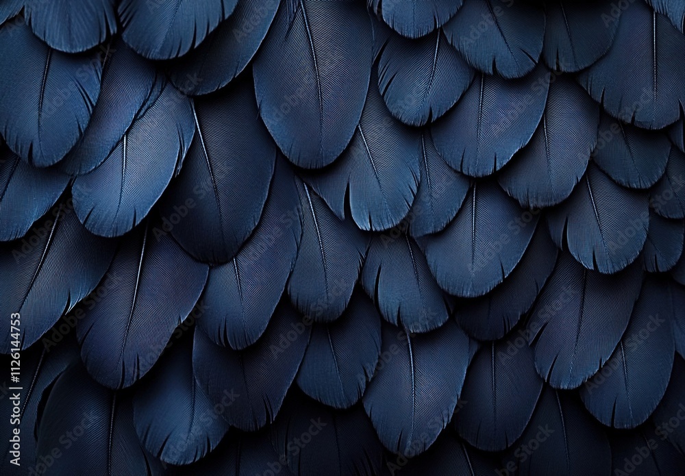 A close-up of dark navy blue bird feathers, arranged in an artistic pattern on the wall A close-up of dark navy blue bird feathers, arranged in an artistic pattern on the wall