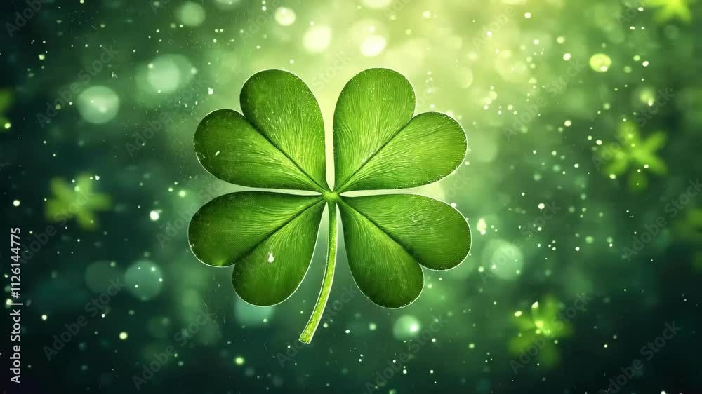 Four-leaf clover with sparkling dewdrops and bokeh background. Happy St. Patrick's Day. Saint Patrick