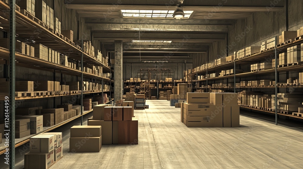 Large warehouse interior, high shelves, rows of boxes 