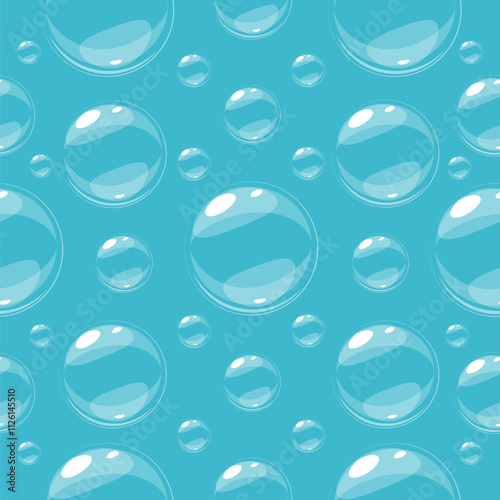 Cartoon soap bubbles seamless pattern. Sparkling water with air balls. Repeated print. Bath foam elements. Cleaning detergent froth. Laundry suds. Cosmetic soapy spheres. Vector background photo