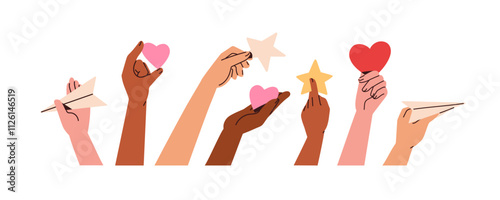 Hands holding heart, star, paper plane. Showing love and like, ranking and rating, message symbols. Giving feedback, sharing opinion, reviewing. Flat vector illustration isolated on white background