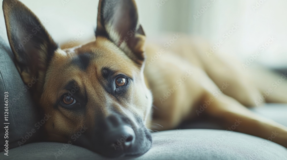 A close-up of a relaxed dog lying on a couch, showcasing its expressive eyes. A close-up of a relaxed dog lying on a couch, showcasing its expressive eyes.