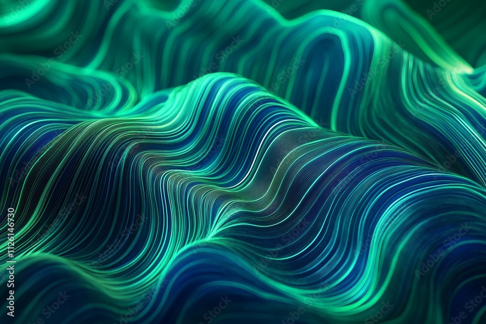 Dynamic Flow of Vector Wave Lines in Blue and Green Shades on a Black Background